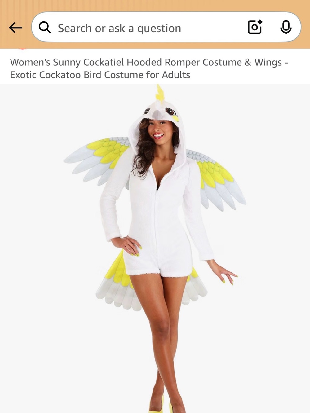 Sunny Cockatiel Women’s Costume - White & Yellow Hooded Romper with Wings